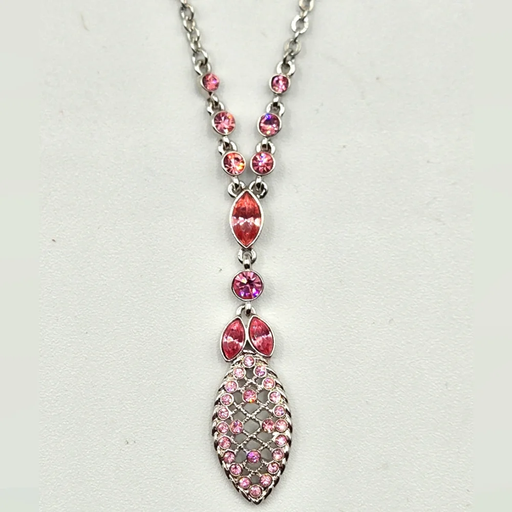 GIVENCHY Vintage Silver Tone Necklace Pink Crystal Pendant - Picture 4 of 8